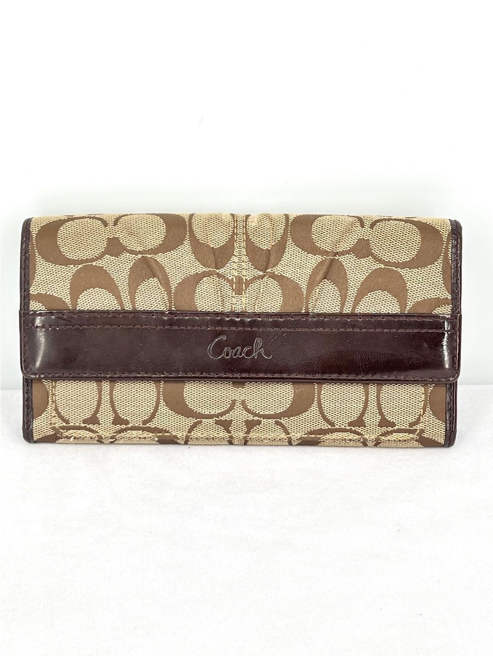 Coach Signature Canvas Khaki Jacquard Brown Leather Trifold Snap Closure Wallet
